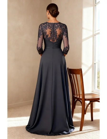 Long Grey Wedding Party Dress with Embroidered Bodice and Three Quarter Sleeve
