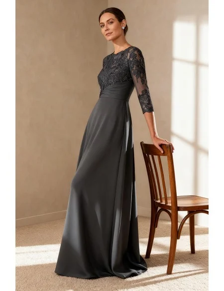 Long Grey Wedding Party Dress with Embroidered Bodice and Three Quarter Sleeve