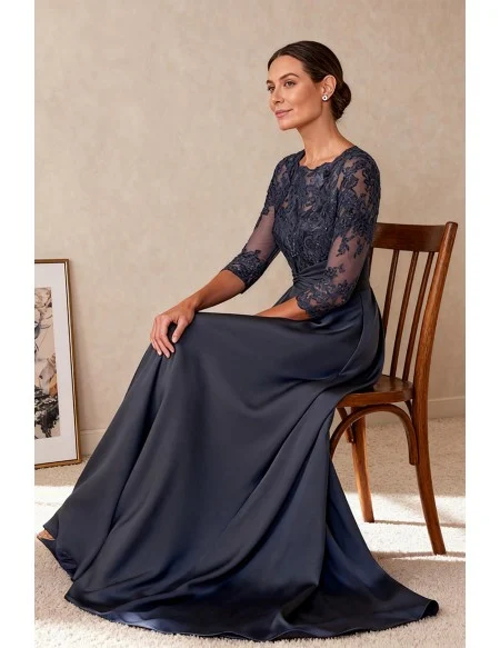 Long Grey Wedding Party Dress with Embroidered Bodice and Three Quarter Sleeve