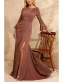 Chic Brown Wedding Party Dress with High Slit Flared Sleeve