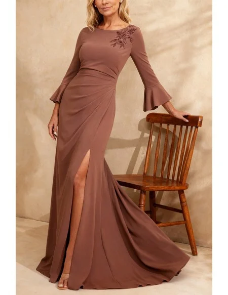 Chic Brown Wedding Party Dress with High Slit Flared Sleeve