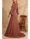 Chic Brown Wedding Party Dress with High Slit Flared Sleeve