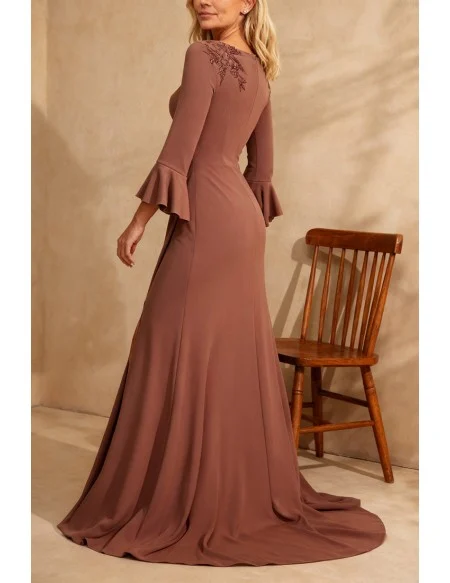 Chic Brown Wedding Party Dress with High Slit Flared Sleeve