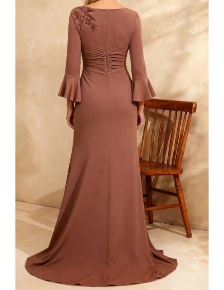 Chic Brown Wedding Party Dress with High Slit Flared Sleeve