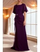 Purple Wedding Party Dress with Chiffon Ruffle Sleeves Draped Waist