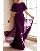 Purple Wedding Party Dress with Chiffon Ruffle Sleeves Draped Waist