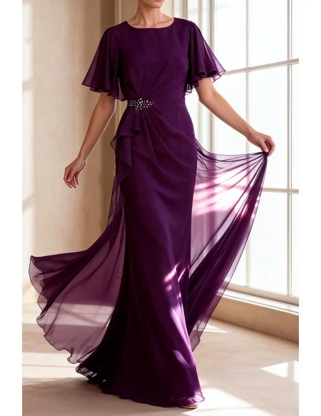 Purple Wedding Party Dress with Chiffon Ruffle Sleeves Draped Waist