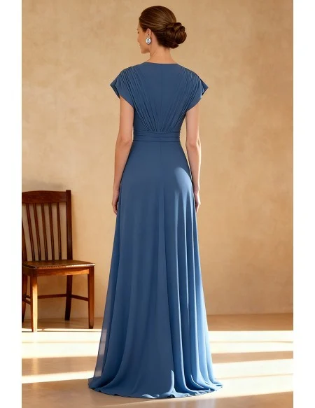 Ink Blue Chiffon V Neck Wedding Party Dress with Cap Sleeves
