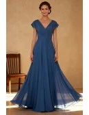 Ink Blue Chiffon V Neck Wedding Party Dress with Cap Sleeves