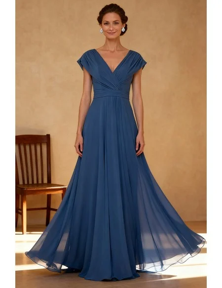 Ink Blue Chiffon V Neck Wedding Party Dress with Cap Sleeves