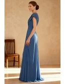Ink Blue Chiffon V Neck Wedding Party Dress with Cap Sleeves