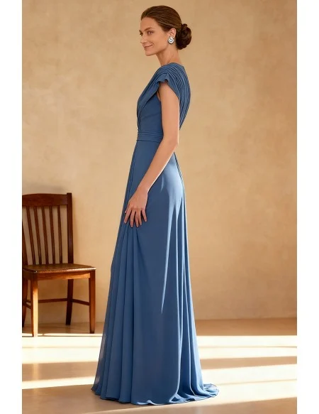 Ink Blue Chiffon V Neck Wedding Party Dress with Cap Sleeves