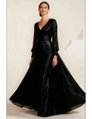 Sparkling Black V Neck Wedding Party Dress with Sequin Detail and Long Sleeve