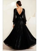 Sparkling Black V Neck Wedding Party Dress with Sequin Detail and Long Sleeve