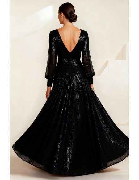 Sparkling Black V Neck Wedding Party Dress with Sequin Detail and Long Sleeve