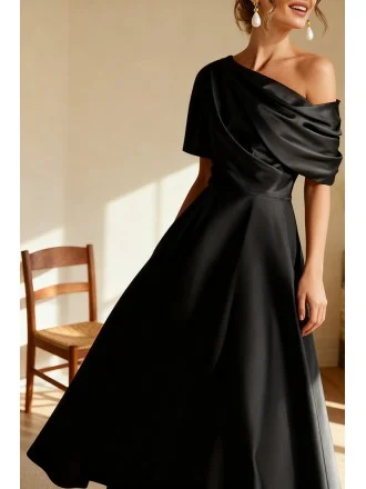 Elegant Asymmetric Drape Black Tea Length Dress for Wedding Guests