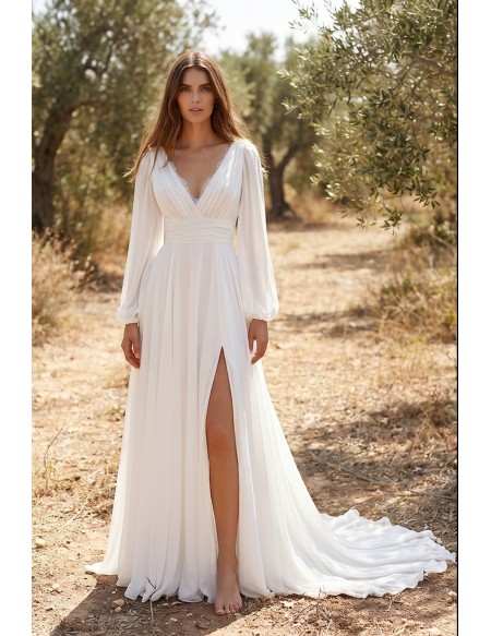 Boho Chiffon Long-Sleeve Wedding Dress with Slit for Outdoor Garden Ceremonies
