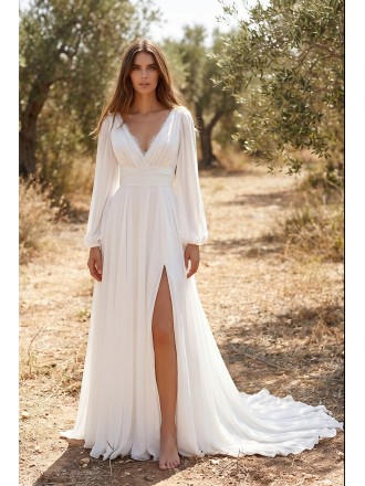 knee length dresses for ladies Simple V Neck Open Back Long Sleeves Lace Beach Wedding Dress WD474 US0 / White main image 0