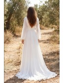 Boho Chiffon Long-Sleeve Wedding Dress with Slit for Outdoor Garden Ceremonies