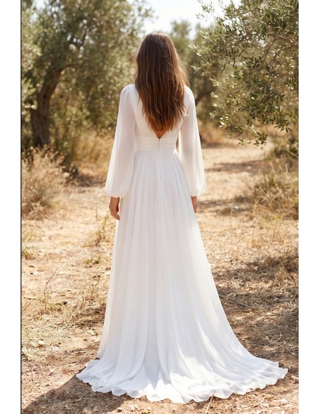 Boho Chiffon Long-Sleeve Wedding Dress with Slit for Outdoor Garden Ceremonies