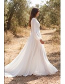 Boho Chiffon Long-Sleeve Wedding Dress with Slit for Outdoor Garden Ceremonies