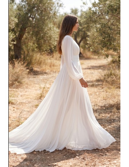 Boho Chiffon Long-Sleeve Wedding Dress with Slit for Outdoor Garden Ceremonies