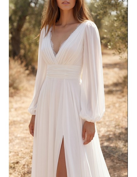 Boho Chiffon Long-Sleeve Wedding Dress with Slit for Outdoor Garden Ceremonies