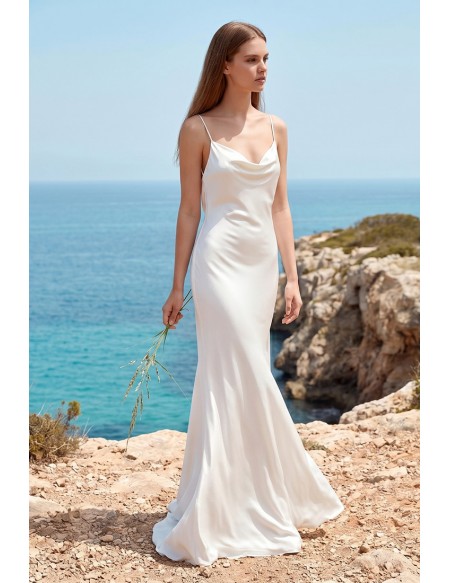 Minimalist Satin Cowl-Neck Backless Wedding Dress for Modern Beach Brides