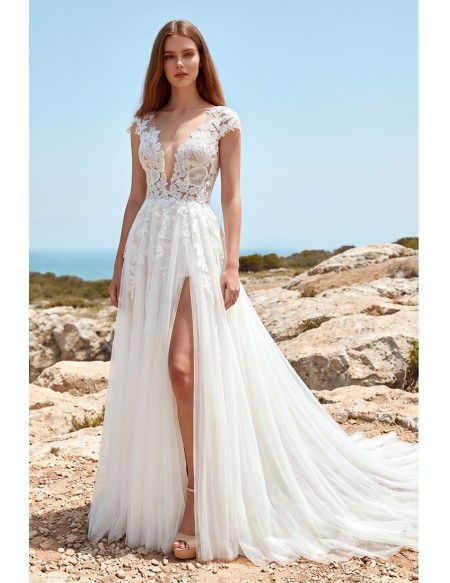 Boho Lace Plunge Wedding Dress with Slit for Romantic Beach Ceremonies