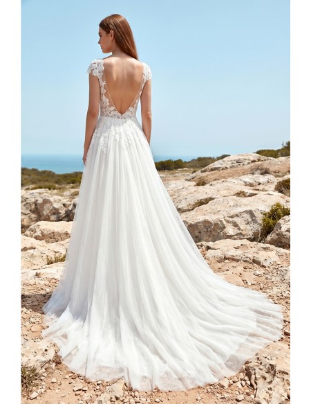 Boho Lace Plunge Wedding Dress with Slit for Romantic Beach Ceremonies