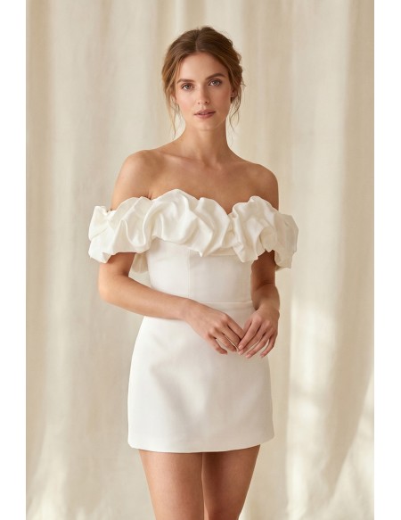 Off-Shoulder Ruffle Mini Wedding Dress for a Chic Courthouse Bridal Look