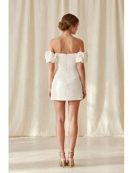 Off-Shoulder Ruffle Mini Wedding Dress for a Chic Courthouse Bridal Look