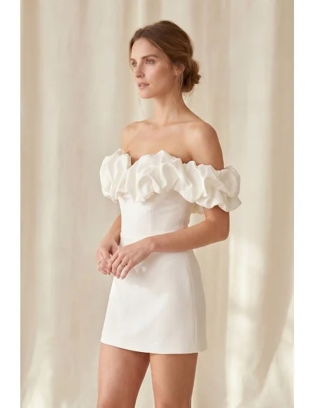Off-Shoulder Ruffle Mini Wedding Dress for a Chic Courthouse Bridal Look