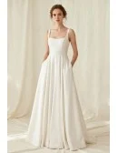 Minimalist Satin A-Line Wedding Dress with Square Neck and Pockets for Courthouse Ceremonies