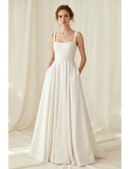 Minimalist Satin A-Line Wedding Dress with Square Neck and Pockets for Courthouse Ceremonies
