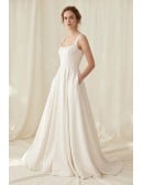 Minimalist Satin A-Line Wedding Dress with Square Neck and Pockets for Courthouse Ceremonies