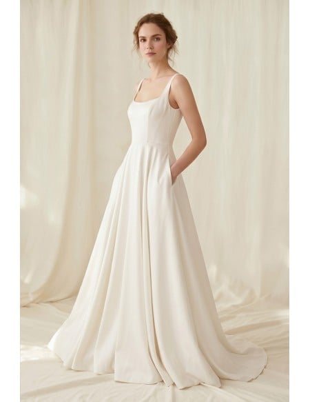 Minimalist Satin A-Line Wedding Dress with Square Neck and Pockets for Courthouse Ceremonies