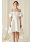 Off-Shoulder Puff Sleeve Satin Wedding Dress for a Modern Courthouse Ceremony
