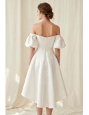 Off-Shoulder Puff Sleeve Satin Wedding Dress for a Modern Courthouse Ceremony