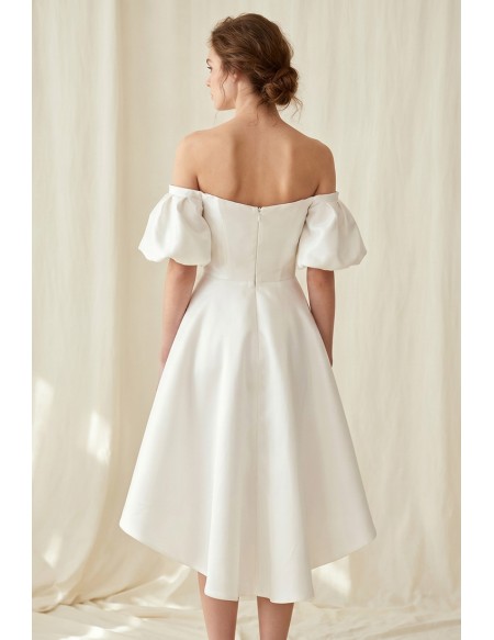 Off-Shoulder Puff Sleeve Satin Wedding Dress for a Modern Courthouse Ceremony