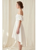 Off-Shoulder Puff Sleeve Satin Wedding Dress for a Modern Courthouse Ceremony
