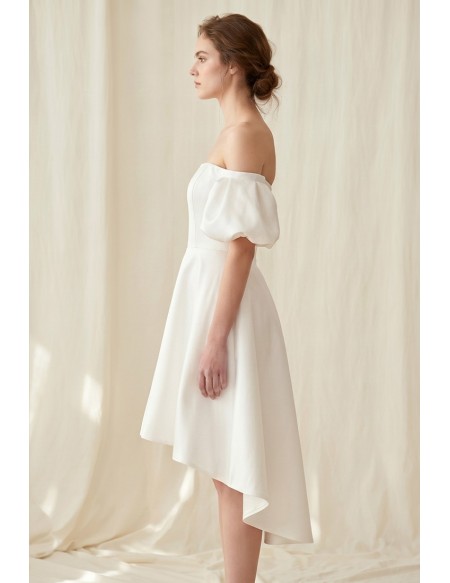 Off-Shoulder Puff Sleeve Satin Wedding Dress for a Modern Courthouse Ceremony