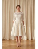 Vintage Lace Tea-Length Wedding Dress with 3/4 Sleeves for Courthouse Ceremonies