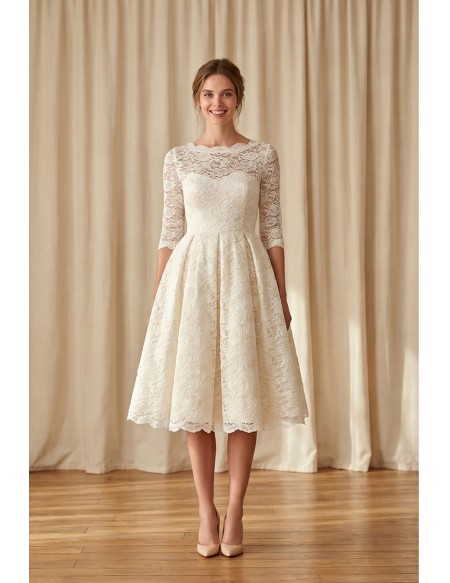 Vintage Lace Tea-Length Wedding Dress with 3/4 Sleeves for Courthouse Ceremonies