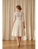 Vintage Lace Tea-Length Wedding Dress with 3/4 Sleeves for Courthouse Ceremonies
