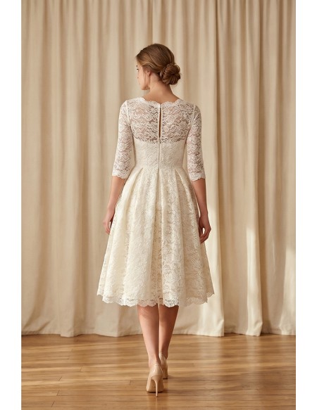 Vintage Lace Tea-Length Wedding Dress with 3/4 Sleeves for Courthouse Ceremonies