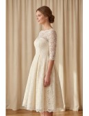 Vintage Lace Tea-Length Wedding Dress with 3/4 Sleeves for Courthouse Ceremonies