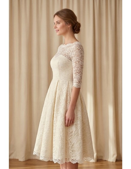 Vintage Lace Tea-Length Wedding Dress with 3/4 Sleeves for Courthouse Ceremonies