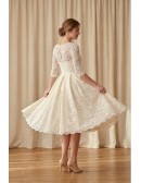 Vintage Lace Tea-Length Wedding Dress with 3/4 Sleeves for Courthouse Ceremonies