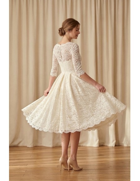 Vintage Lace Tea-Length Wedding Dress with 3/4 Sleeves for Courthouse Ceremonies